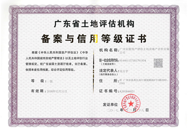 广东省土地评估机构备案与信用等级证书