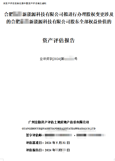 合肥******新能源科技有限公司拟进行办理股权变更涉及的合肥******新能源科技有限公司股东全部权益价值的资产评估报告